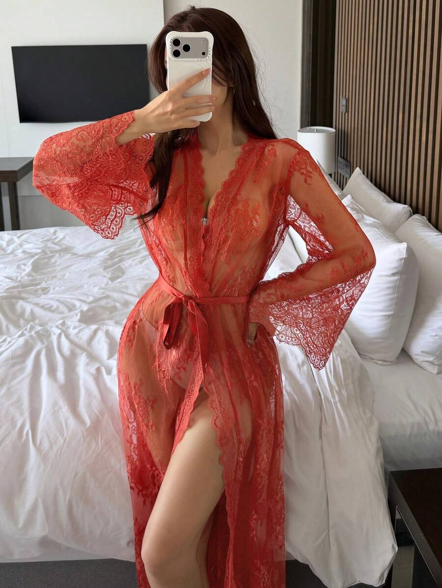DAZY Lace Semi-Sheer Romantic Flare Sleeve Long Robe For Women, Spring/Summer - Burnt Orange - View 1