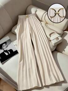 SHEIN Franclia Quần ống rộng xếp ly với cạp kim loại kiểu cổ điển, trang phục mùa hè cho nữ. - Màu be - Xem 1