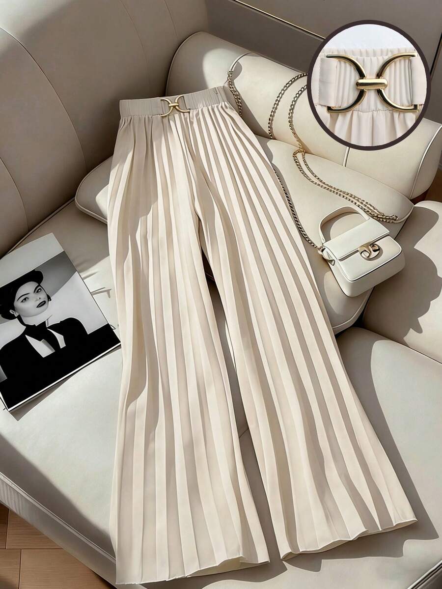 SHEIN Franclia Quần ống rộng xếp ly với cạp kim loại kiểu cổ điển, trang phục mùa hè cho nữ. - Màu be - Xem 1