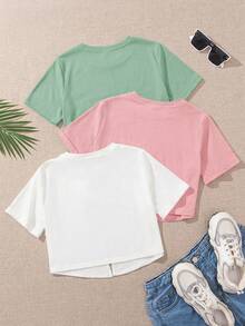 3pcs/Set Tween Girls' Solid Color Round Neck Fitted Cropped Twist Knit Casual T-Shirts - Multicolor - View 2