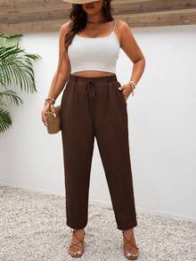 SHEIN Frenchy Plus Size Vacation Solid Color Knotted Casual Pants With Pockets - Coffee Brown - View 4