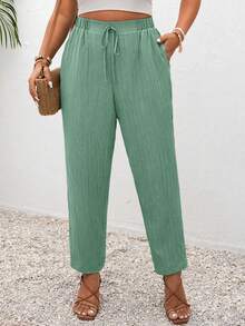 SHEIN Frenchy Plus Size Vacation Solid Color Knotted Casual Pants With Pockets - Green - View 1