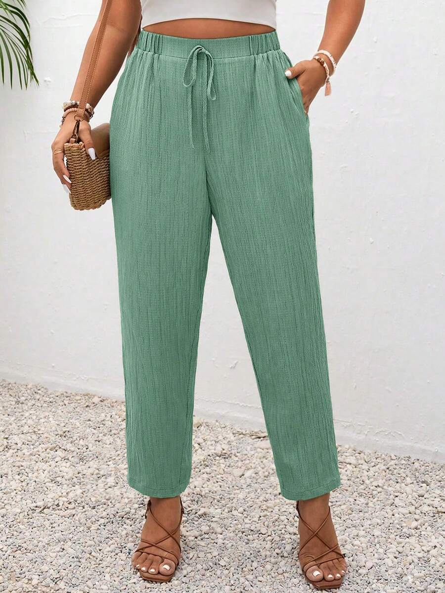 SHEIN Frenchy Plus Size Vacation Solid Color Knotted Casual Pants With Pockets - Green - View 1