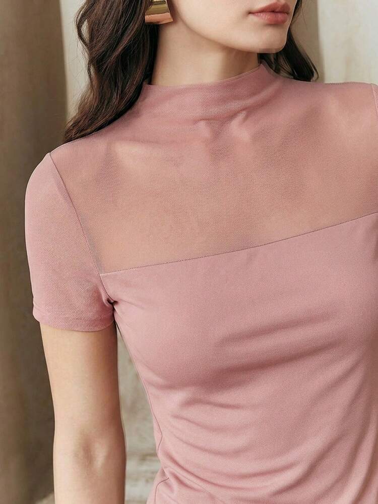 Anewsta Essential New Arrival Spring/Summer Elegant Fashion Casual Sheer Sexy Fitted Date Party Holiday Versatile Mesh Patchwork Short Sleeve Women T-Shirt Undershirt Top