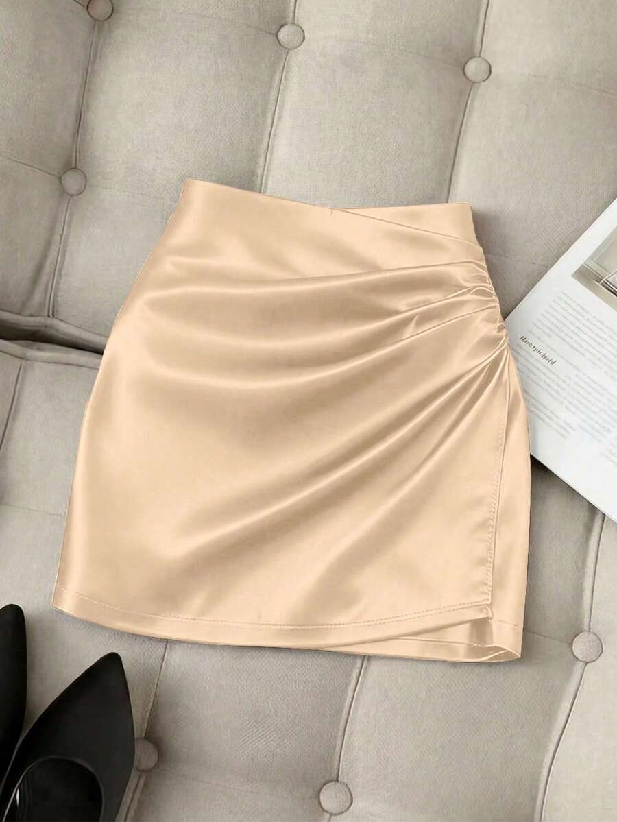 Franclia Fashionable New Glossy Asymmetrical Hem High Waist Slim Fit Pleated Bodycon Mini Skirt For Women, Spring/Summer - Apricot - View 1