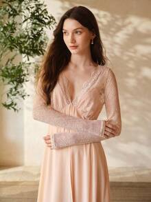 MOTF PREMIUM LACE & SATIN PATCHWORK LONG NIGHTGOWN, SPRING/SUMMER - Dusty Pink - View 3