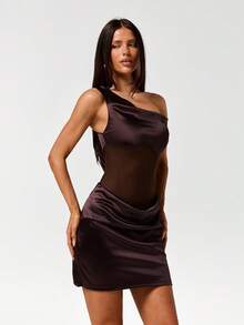 SHEIN ICON Asymmetrical Shoulder Mesh Patchwork Mini Dress,Summer Dresses For Women - Brown - View 3