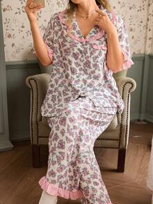 CottageSlumber Plus Size Women's Floral Print Pajama Set, Decorated With Ruffle Trim And Pockets, Suitable For Spring And Summer, Can Be Worn Outdoors - Baby Pink - View 4