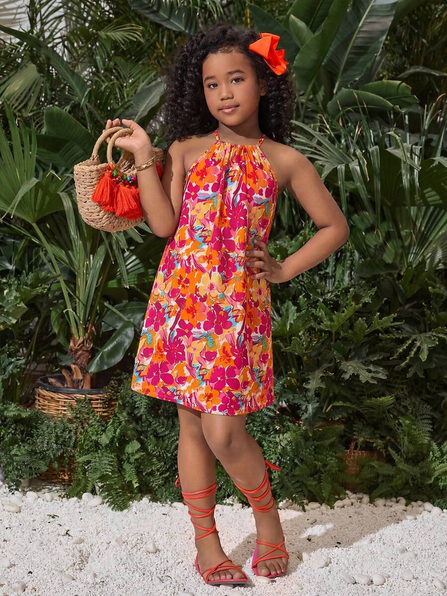 SHEIN Vestido halter de gasa con estampado floral diminuto para niñas preadolescentes de vacaciones - Multicolor - Ver 1