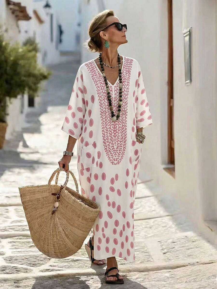 SHEIN Holidaya Đầm dài dáng rộng in họa tiết, tay lỡ cổ chữ V, thích hợp cho mùa xuân, hè, thu và đông, phù hợp cho kỳ nghỉ, hẹn hò, thanh lịch, thường ngày, dáng rộng, phù hợp cho trang phục công sở thanh lịch, thời trang, thường ngày. Đầm chấm bi nữ, đầm maxi phong cách boho, đầm kaftan, đầm hè thường ngày. - Hồng - Xem 1