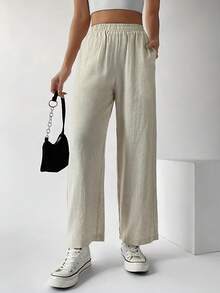 SHEIN EZwear Elastic Waist Pocket Patched Wide Leg Pants - Beige - View 3
