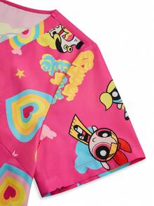 PopScrub THE POWERPUFF GIRLS X SHEIN Áo đồng phục y tế cổ chữ V in họa tiết trái tim và cầu vồng rực rỡ dành cho nữ, sản phẩm hợp tác với thương hiệu hoạt hình. - Màu Hồng Tươi - Xem 9