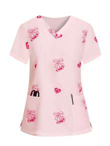 PopScrub THE POWERPUFF GIRLS X SHEIN 女士浅粉色爱心蝴蝶结印花V领手术服上衣，制服 - 淺粉色 - 查看 11