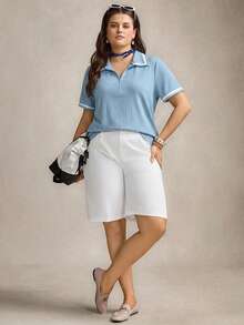 Comfylo Plus Size Polo Collar Top,Light Blue Half-Zip Knit T-Shirt,Turndown Collar Short Sleeve,Elastic Fabric,Sommar Smart Casual,Hiking,Contrast Cuff,Loose - Blue - View 5