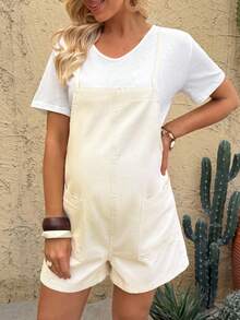 SHEIN Quần yếm denim hai túi thoải mái cho bà bầu, kỳ nghỉ hè, trang phục lễ hội, đi làm, nghỉ mát, tốt nghiệp, phong cách Y2K, dễ thương, thời trang đường phố, quyến rũ, dự tiệc, đám cưới, thanh lịch, công sở, đi biển, tốt nghiệp, quần yếm denim trắng bằng cotton cho nữ, áo liền quần ngắn có dây đeo điều chỉnh được với túi. - trắng - Xem 3