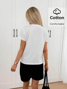 Easowa Áo thun nữ tay ngắn cổ tròn màu trắng bằng cotton, thích hợp mặc hàng ngày, thiết kế nơ bướm. Áo thun cotton trắng cổ điển dành cho nữ với chi tiết nơ bướm thanh lịch ở vai, chất liệu mềm mại, thoải mái, tay ngắn, thích hợp cho mùa hè, ngày của mẹ, áo kiểu thường ngày cho nữ. - trắng - Xem 7