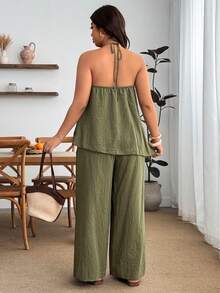 Enliva Conjunto informal de vacaciones estilo bohemio para mujer talla grande, conjunto de top halter con bajo asimétrico y pantalones, verde oliva para verano, para silueta de manzana y redondeada - Verde militar - Ver 2