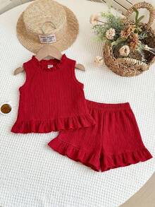 Young Girl Summer Casual Minimalist Bow Decor Ruffle Hem Tank Top And Shorts Set - Red - View 2