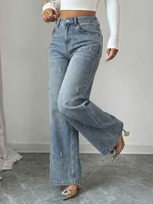 DAZY Quần jeans ống rộng nữ kiểu dáng thường ngày, chất liệu denim mài, đính đá lấp lánh, thích hợp cho mùa thu. - Màu xanh lam - Xem 1