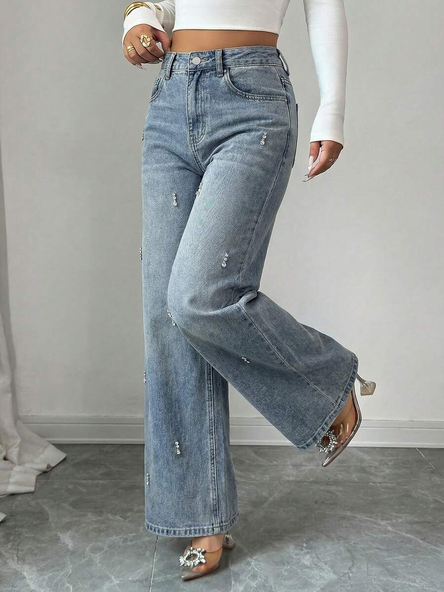 DAZY Quần jeans ống rộng nữ kiểu dáng thường ngày, chất liệu denim mài, đính đá lấp lánh, thích hợp cho mùa thu. - Màu xanh lam - Xem 1