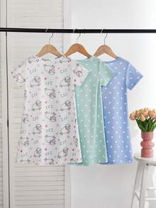 Genkimix Kids 3件套女童可爱卡通绵羊印花睡衣套装，包括粉色和灰色短袖长款睡裙，简约时尚 - 彩色 - 查看 2