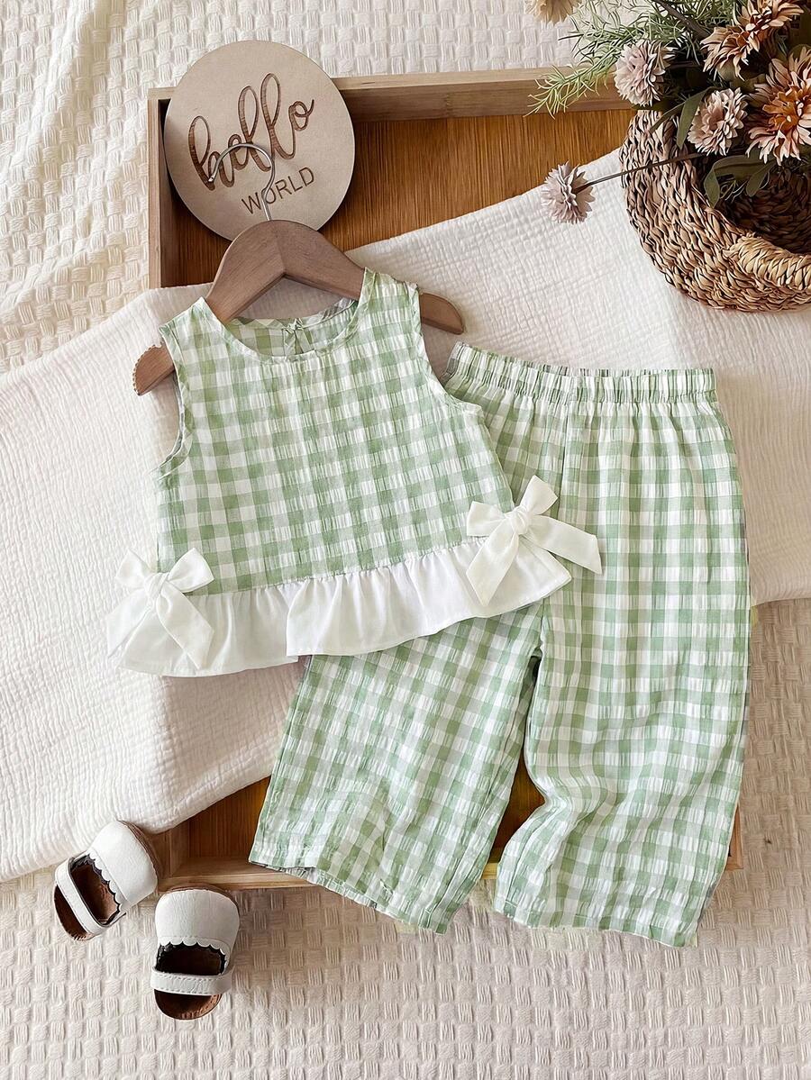 SHEIN 夏季女宝宝可爱红白格子荷叶边无袖上衣搭配松紧腰宽松阔腿裤套装 - 綠色 - 查看 1