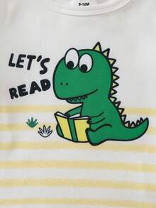 四件套男婴休闲薄荷绿白条纹恐龙卡通印花短袖圆领轻薄睡衣，柔软针织面料，夏季睡衣，饰有字母图案细节和松紧腰短裤，适合日常舒适居家穿着。 - 綠色 - 查看 7