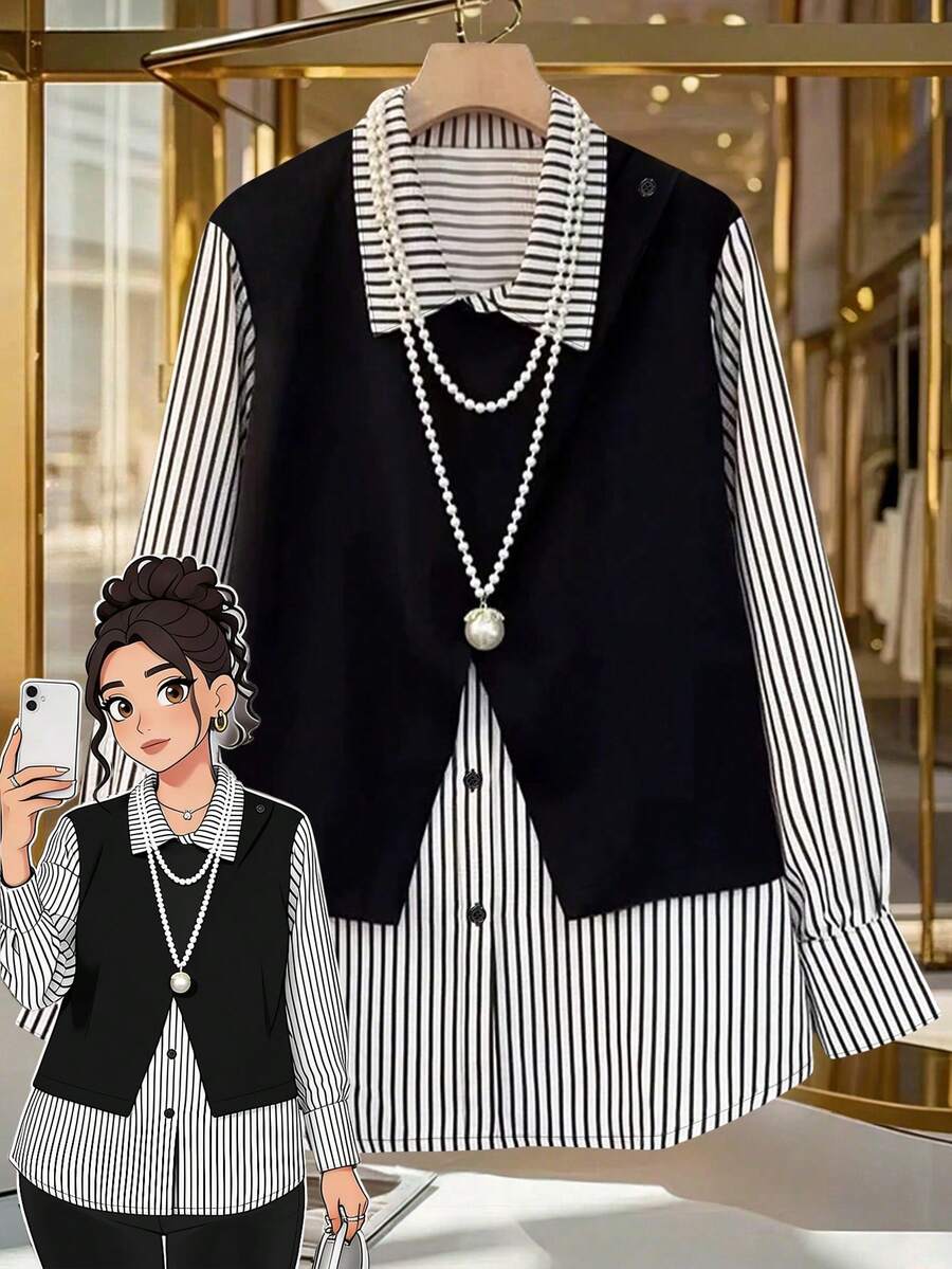 GlowEve CURVE Plus Size Black And White Striped Patchwork Casual Shirt Businesschic - Black and White - View 1