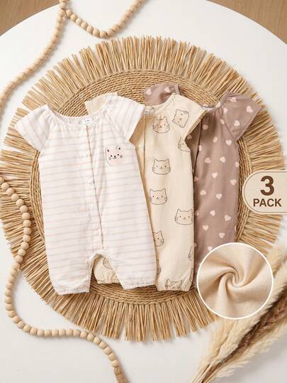 3 Pack Toddler Girls Clothes Baby Infant Newborn Girly Era Nordic Natural Countrycore Vintage Graphic Cat Heart Striped Short Sleeve Button Up Soft Romper Jumpsuit Bodysuit Playsuit Sets Outfit Sets Summer Spring Casual Vacation Party Clothing Apparels Neutral Baby Clothes Unisex Baby Clothes Baby Clothes Outfit Set Baby Essential Clothes