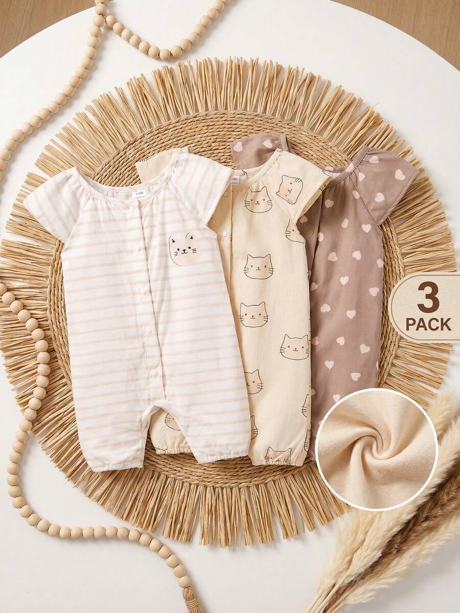 3 Pack Toddler Girls Clothes Baby Infant Newborn Girly Era Nordic Natural Countrycore Vintage Graphic Cat Heart Striped Short Sleeve Button Up Soft Romper Jumpsuit Bodysuit Playsuit Sets Outfit Sets Summer Spring Casual Vacation Party Clothing Apparels Neutral Baby Clothes Unisex Baby Clothes Baby Clothes Outfit Set Baby Essential Clothes - Multicolor - View 1