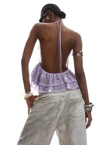 LYSMO 2026 New Arrive Minimalism Spring/Summer Women's Fashion Ruffle Pearl Decor Halter Backless Camisole - Mauve Purple - View 2