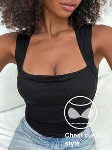 Livesso Áo camisole dệt kim xếp ly duyên dáng có đệm mút dành cho nữ - màu đen - Xem 1