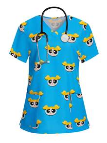 PopScrub THE POWERPUFF GIRLS X SHEIN 女士夏季亮蓝色印花短袖V领手术服上衣，卡通大眼睛口袋设计护士制服 - 藍色 - 查看 1
