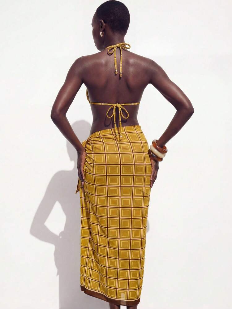 SHEIN Maija Women's Geometric Print Swimwear Set, Suitable For Beach Vacation Women Vacation Outfit Sets Sheinbae Elysanya Women's Beach Outfits Women's Holiday Co Ord Yellow Women Summer Outfits 2 Pieces Women Two Pieces Beach Vacation Outfits For Women