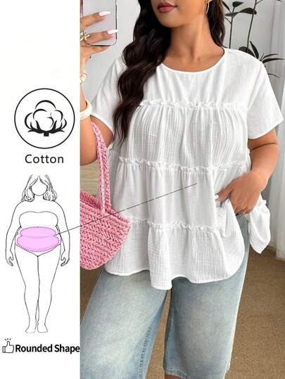 Enliva Áo cotton tay ngắn dáng rộng xếp tầng bèo nhún cỡ lớn