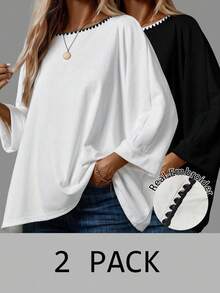 EMERY ROSE 2pcs/Set Casual Shell Flower Crafted Plus Size Women T-Shirts, Black & White, Suitable For Summer Vacation Fall - Black and White - View 1