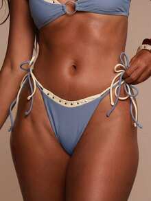 Musera Resort Studded Double Layered Tie Side Bikini Bottoms Only Swim Vacation Holiday Summer Travel Beachwear Terra Sol Spring - Blue - View 6