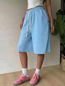 SHEIN EZwear 天蓝色休闲加大码女式抽绳百慕大短裤 - 天藍色 - 查看 6