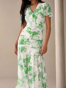 Lilora 优雅休闲通勤褶皱印花连衣裙，都市风蓝色花卉荷叶边袖长裙，都市休闲，浪漫优雅，外出必备 - 綠色 - 查看 5