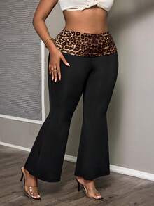 SHEIN PETITE CURVE Pantalon évasé décontracté polyvalent pour le travail avec imprimé léopard et patchwork pour femmes - Noir - Voir 3