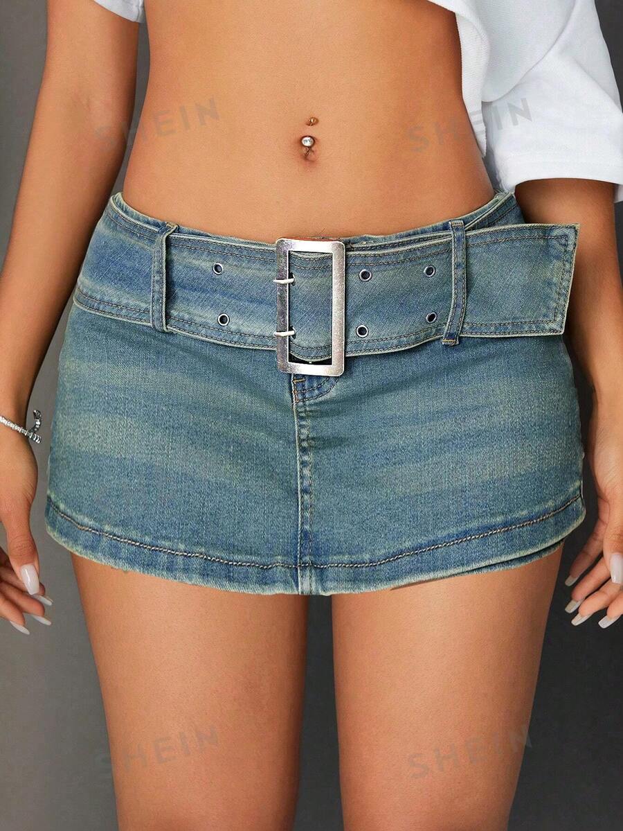 SHEIN Tall Quần váy denim thời trang nữ với họa tiết da rắn và khóa cài. - Màu xanh lam - Xem 1