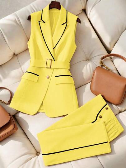 GlowEve CURVE Bộ vest công sở thanh lịch dành cho nữ cỡ lớn, gồm áo blazer và quần ống đứng, kiểu dáng patchwork.