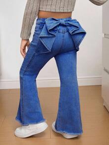 SHEIN Young Girl' Bowknot Decor Elastic Waist Blue Denim Flare Pants - Medium Wash - View 9