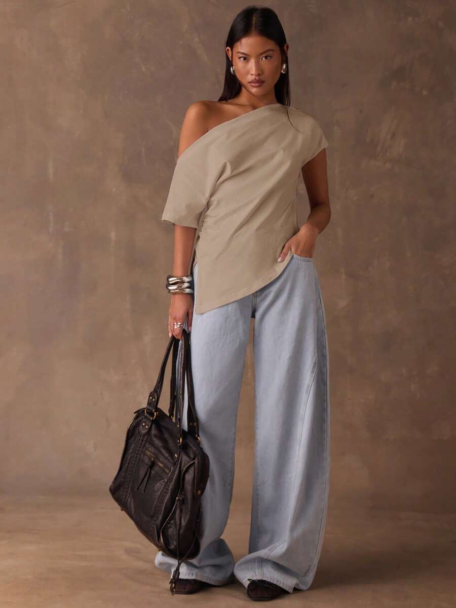 SHEIN BAE Women's Solid Color Asymmetrical Shoulder Side Slit Hem Casual T-Shirt,Summer Top - Khaki - View 1