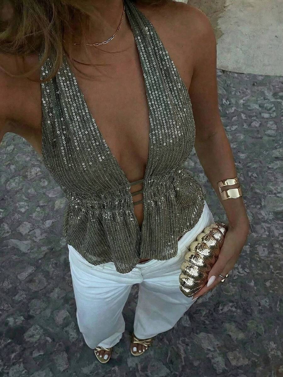 Aloruh Young Lady's Halter Neck Backless Sequin Splicing Deep Purple-Red Ladies Tank Top - Olive Green - View 1