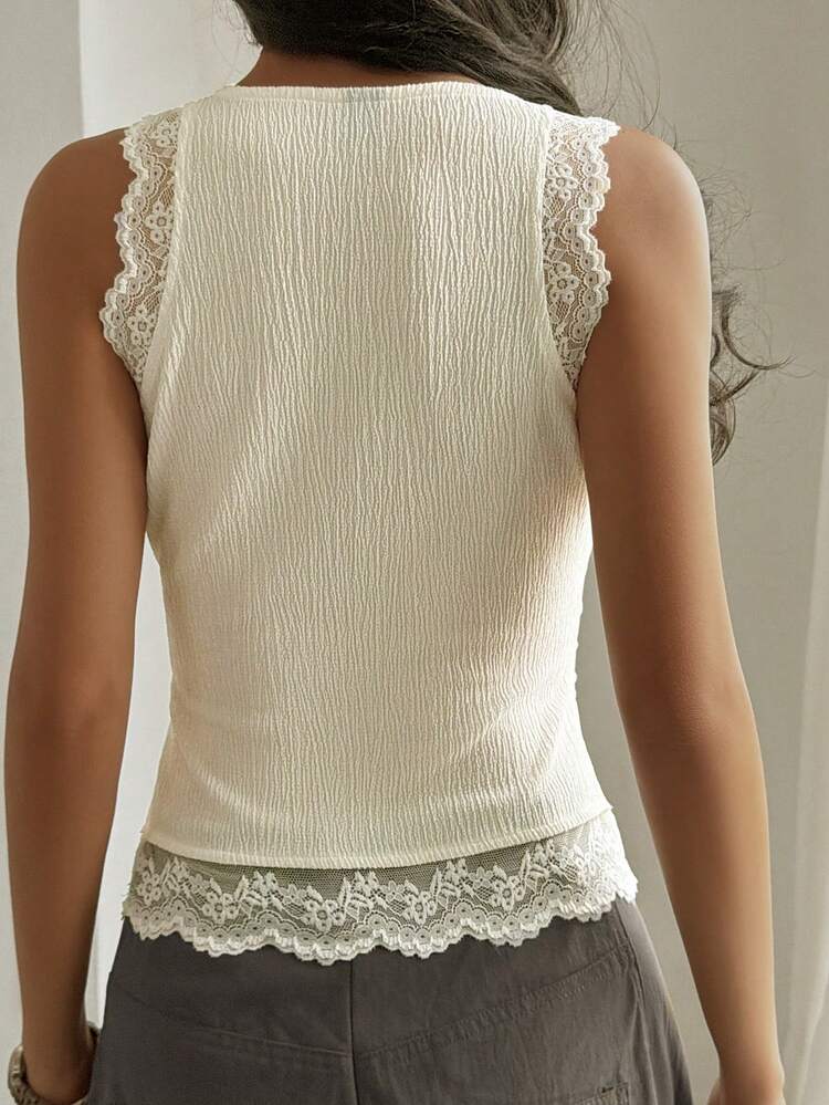 Women's Lace Patchwork Tight Fitted Ribbed Camisole, Versatile Layering Piece For Spring & Summer