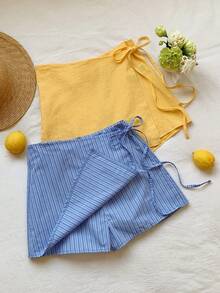 SHEIN EZwear Quần short nữ cỡ lớn chất liệu cotton pha, kẻ sọc và màu trơn, thích hợp cho kỳ nghỉ biển, mặc hàng ngày, đi học, mặc lửng, đi nghỉ mát, trang phục sân bay. - Nhiều màu - Xem 5