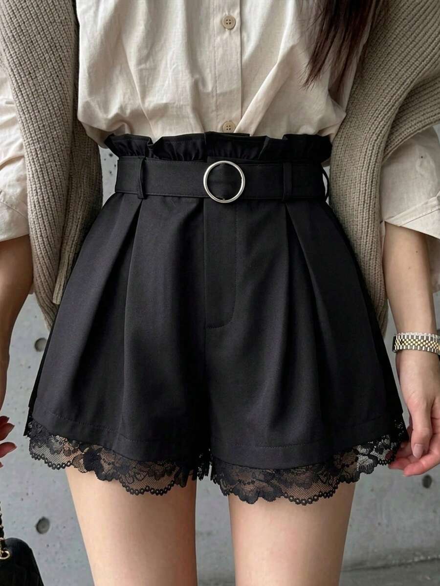 DAZY Women's Lace Patchwork Wide Leg Shorts Summer Going Out Black Elegant - Black - View 1