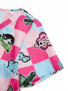 PopScrub THE POWERPUFF GIRLS X SHEIN 女士粉蓝格子印花V领工作服上衣，卡通IP联名款 - 彩色 - 查看 7