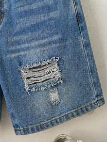 Young Boy Summer Casual Street Cool Minimalist Fashion Versatile Comfortable Elastic Waist Washed Black Ripped Denim Shorts,Suitable For Daily Outing - Medium Wash - View 7